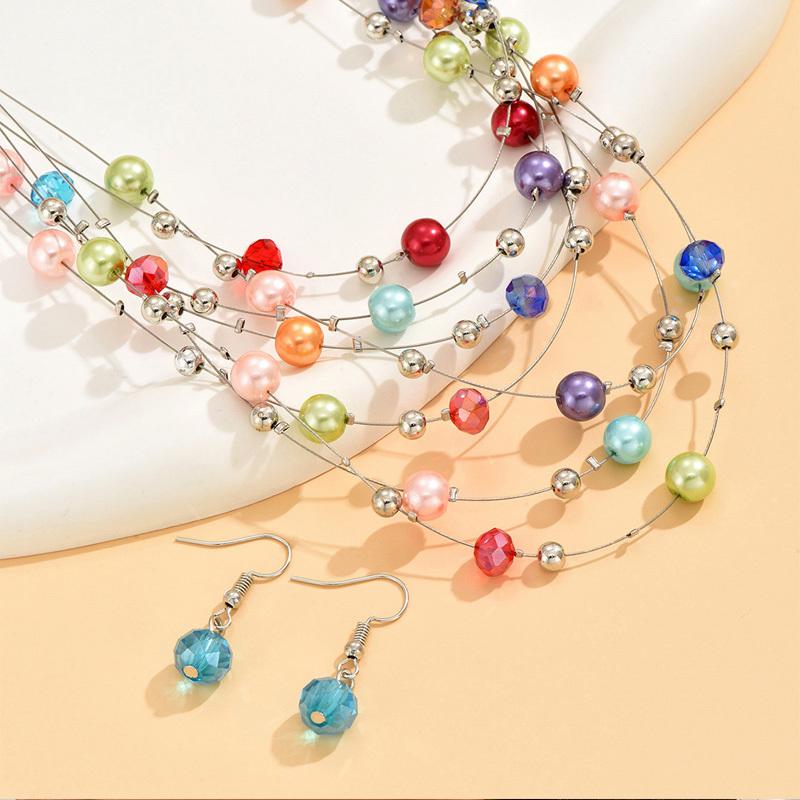 Vintage-Inspired Multi-Layer Glass Bead Necklace and Earrings