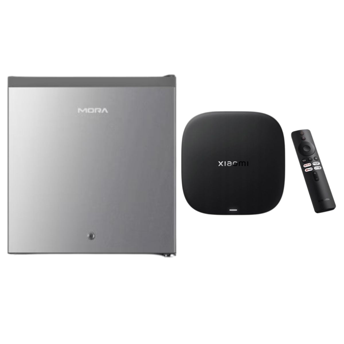 Bundle Deal MORA 44L  Titanium Silver Bar Fridge powered by Hisense & Xiaomi TV Box S 3rd Gen 4K UHD Media Player (Google TV, Dolby Vision)