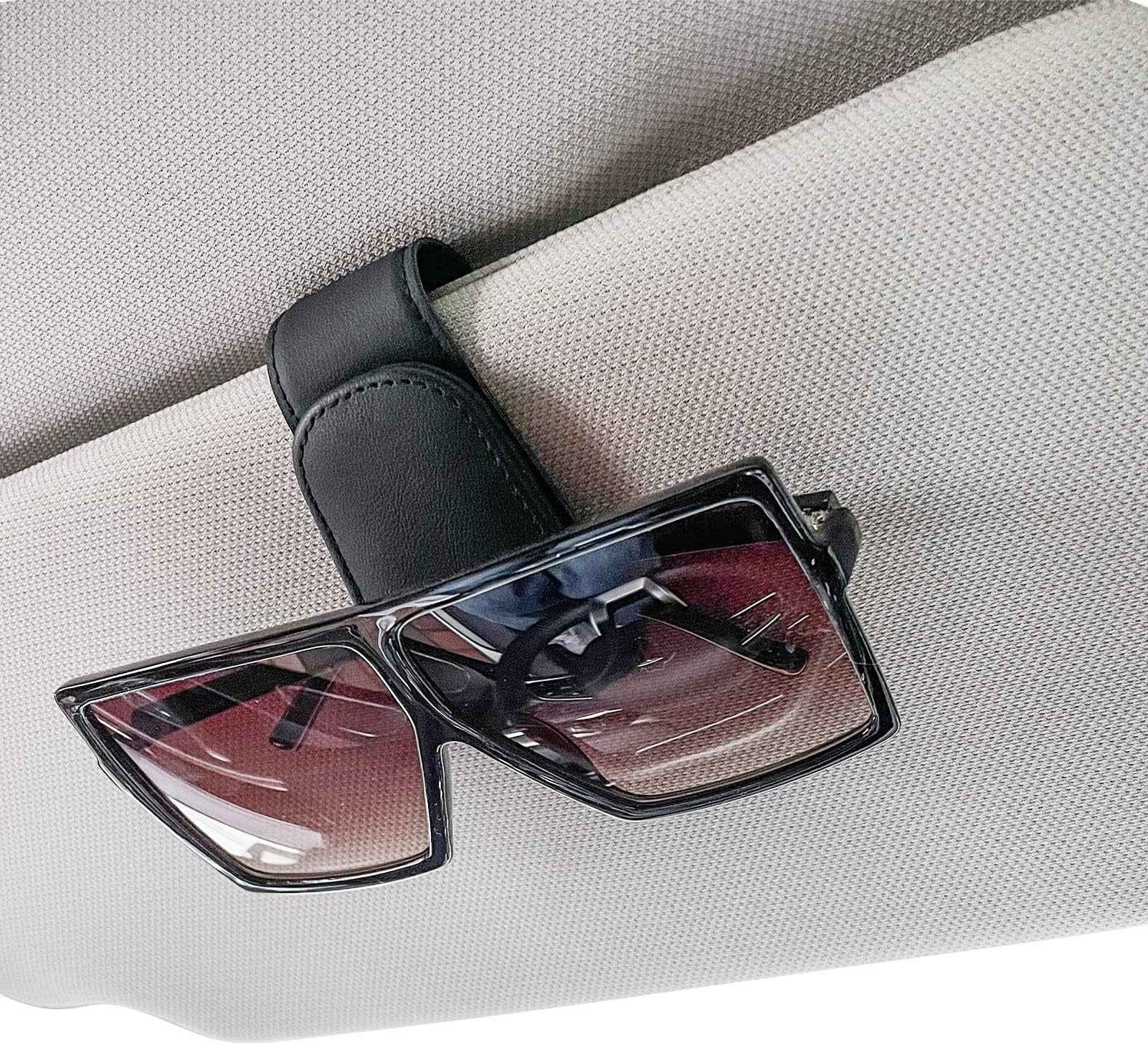 Leather Car Visor Sunglass Holder Magnetic Sunglasses & Ticket Card Clip