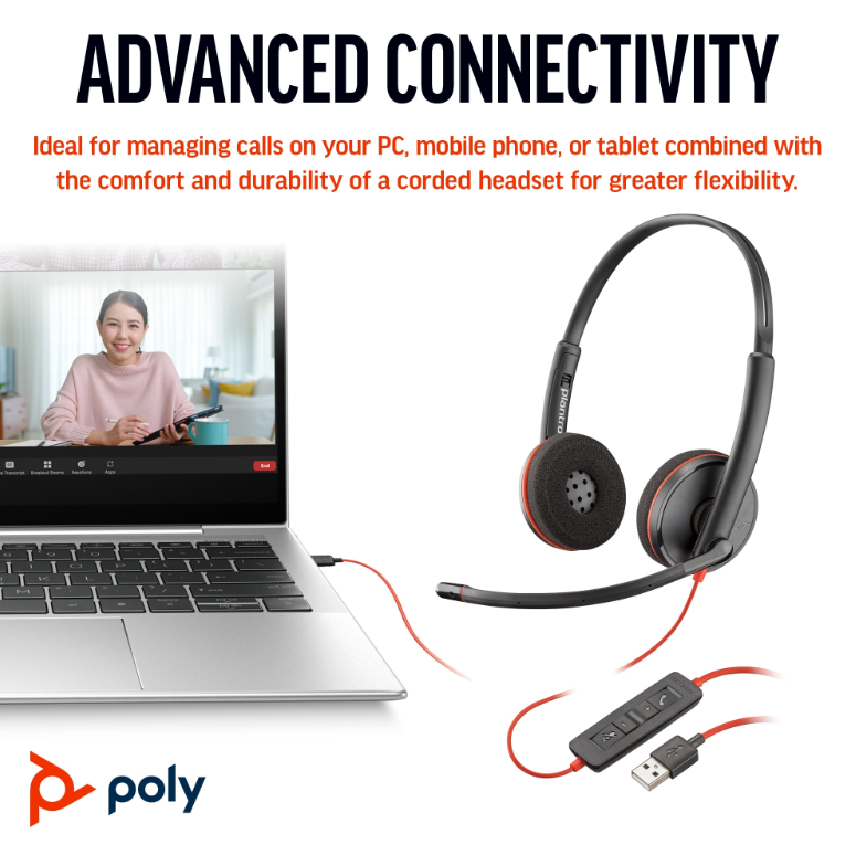 Poly Blackwire 3220 Stereo USB-C Headset + USB-A Adapter