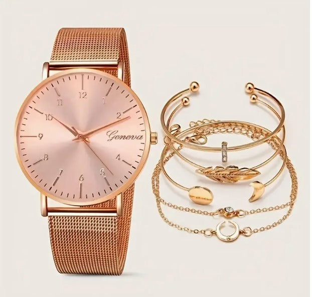 Women Rose Gold Analogue Stainless Steel Mesh Watch Strap & 6 Bracelets