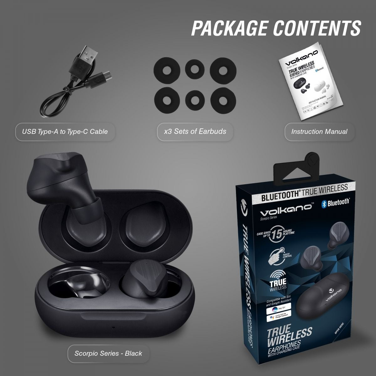 Volkano True Wireless Earphones - Scorpio Series - Black