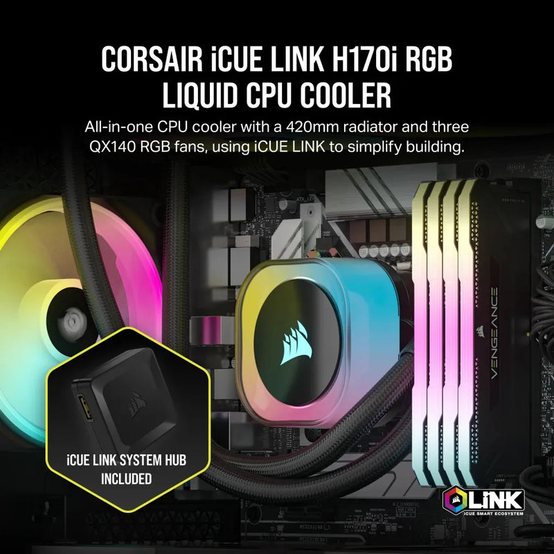 CORSAIR iCUE LINK H170i RGB Liquid CPU Cooler - QX140 RGB Fans - 420mm Radiator - Fits Intel® LGA 1700; AMD® AM5 - Hub Included-7
